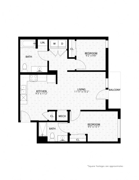 Floor plan for 2 beds, 2 baths, 859 sqft